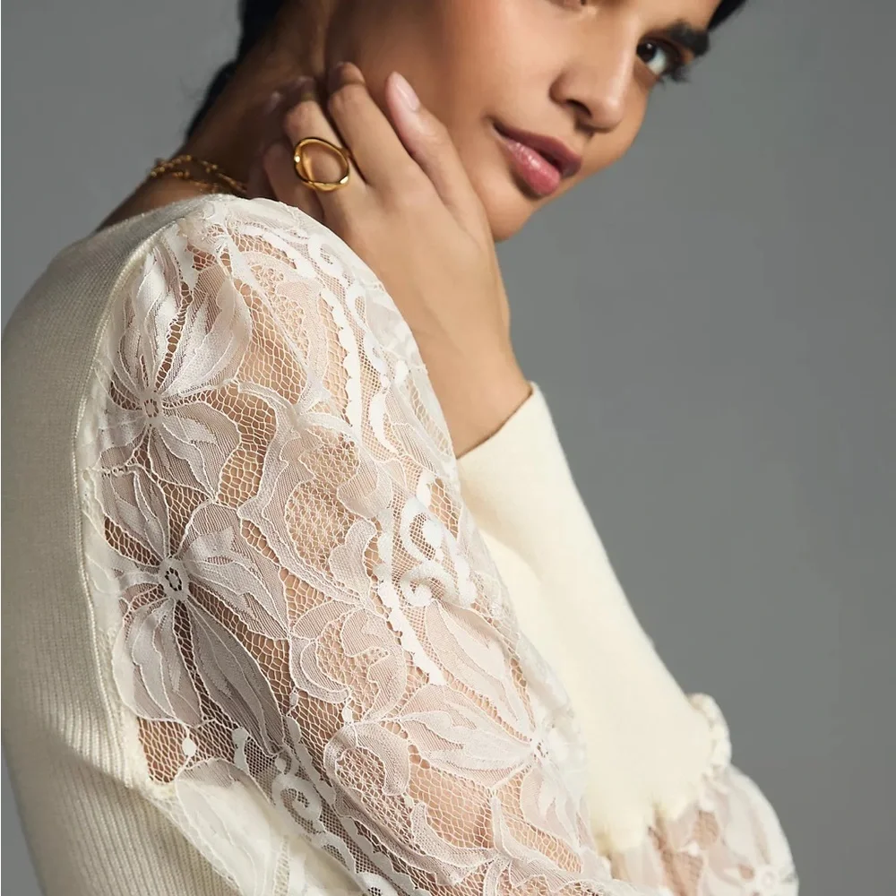 Anthropologie Ivory Lace Sleeve Sweater - Picture 2 of 11